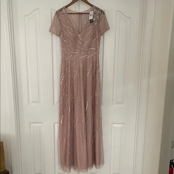NWT $379 Xscape [ 6 ] V Neck Beaded Chiffon A Line Gown In Blush Pink - Picture 3 of 10